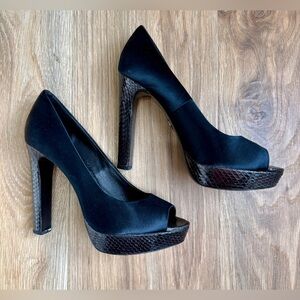 TORY BURCH Sally Black Satin Snake-Embossed Platform Heels